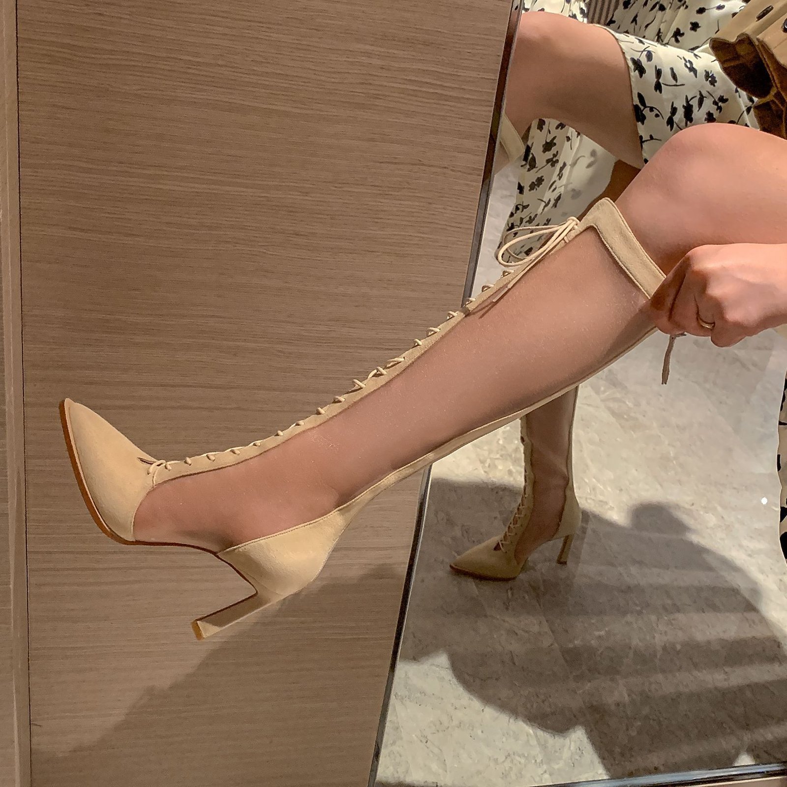 Stiletto Heels Pointy Toe Cross Strap Sandal Boots Mesh Fashion - Image 5