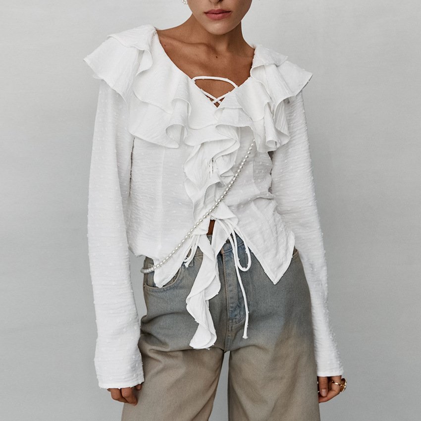 White Crepe Casual Ruffled Lace-up Long Sleeve Shirt - Image 2
