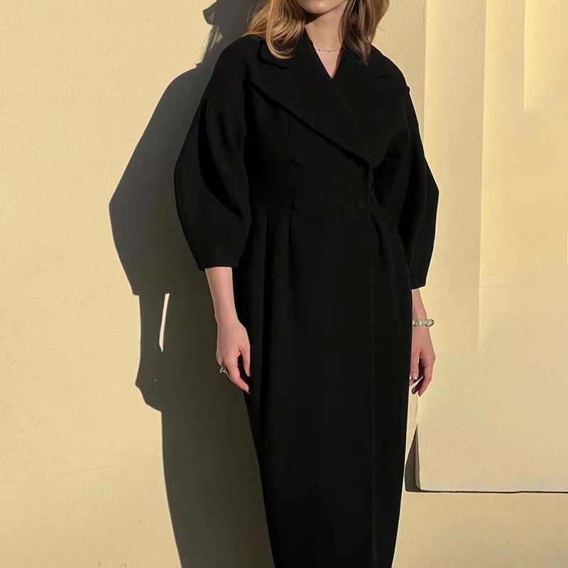 Women's Classic Winter Long Coat, Double-Breasted Belted Trench With Wide Lapel, Solid Color Oversized Overcoat For Casual Style - Image 4