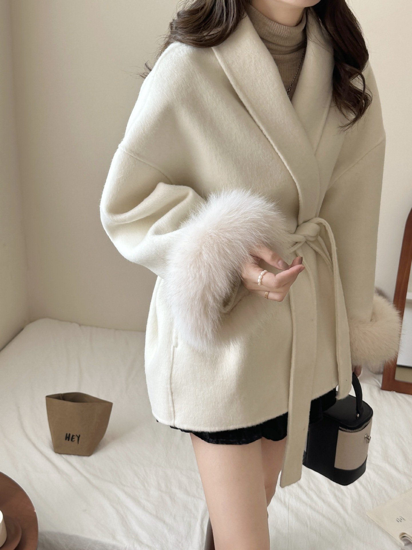 Reversible Cashmere Coat Advanced Sense Tie-front Top - Image 8