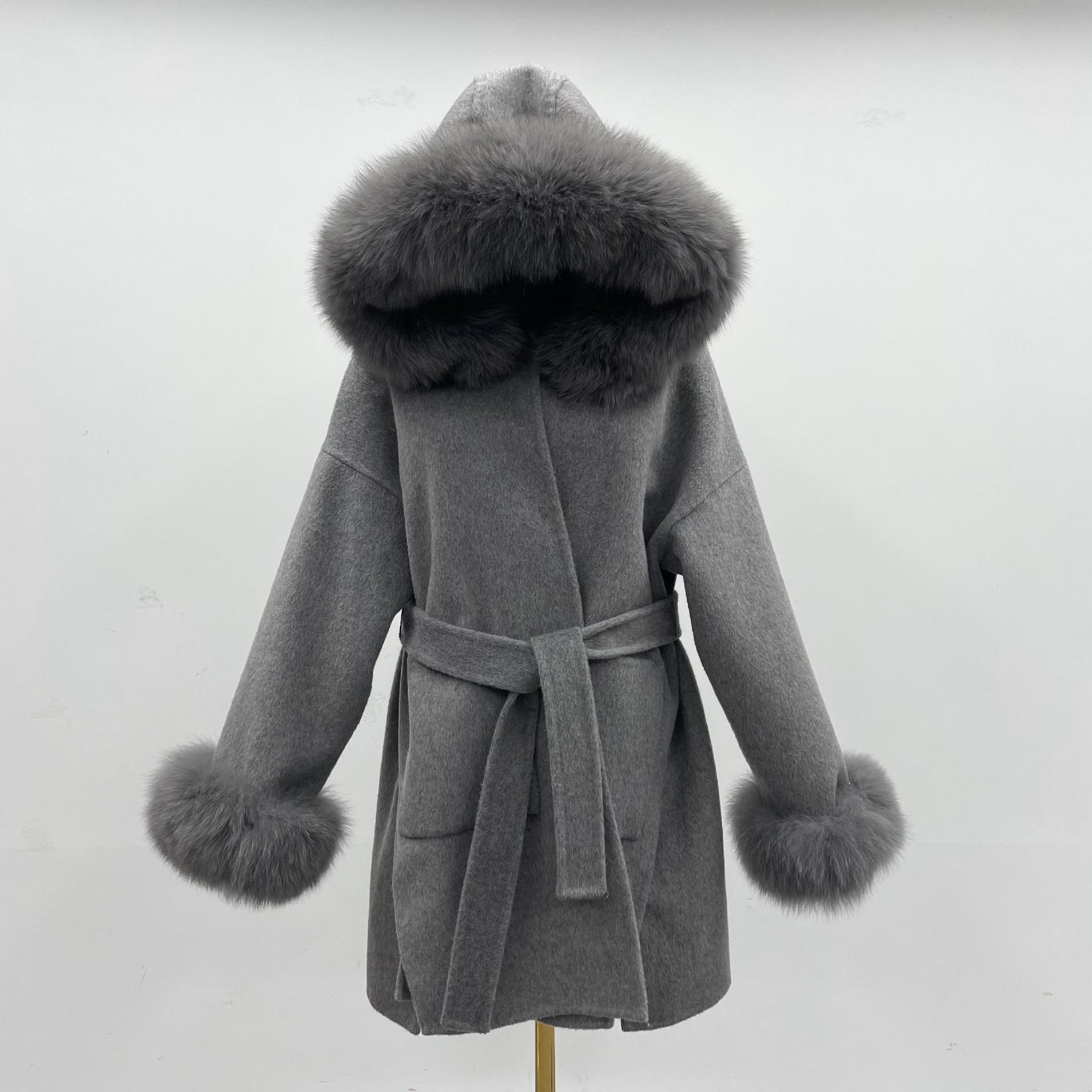 Oversized Fur Collar Hood Double-sided Woolen Coat - Image 4