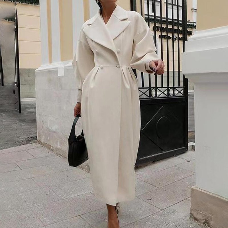 Women's Classic Winter Long Coat, Double-Breasted Belted Trench With Wide Lapel, Solid Color Oversized Overcoat For Casual Style - Image 6