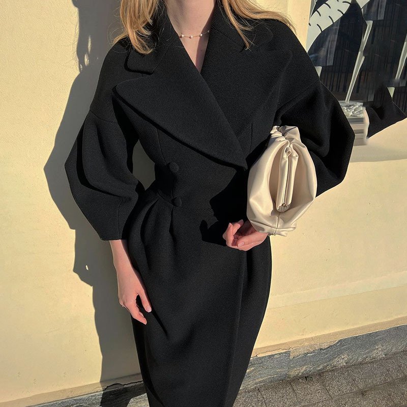 Women's Classic Winter Long Coat, Double-Breasted Belted Trench With Wide Lapel, Solid Color Oversized Overcoat For Casual Style - Image 5