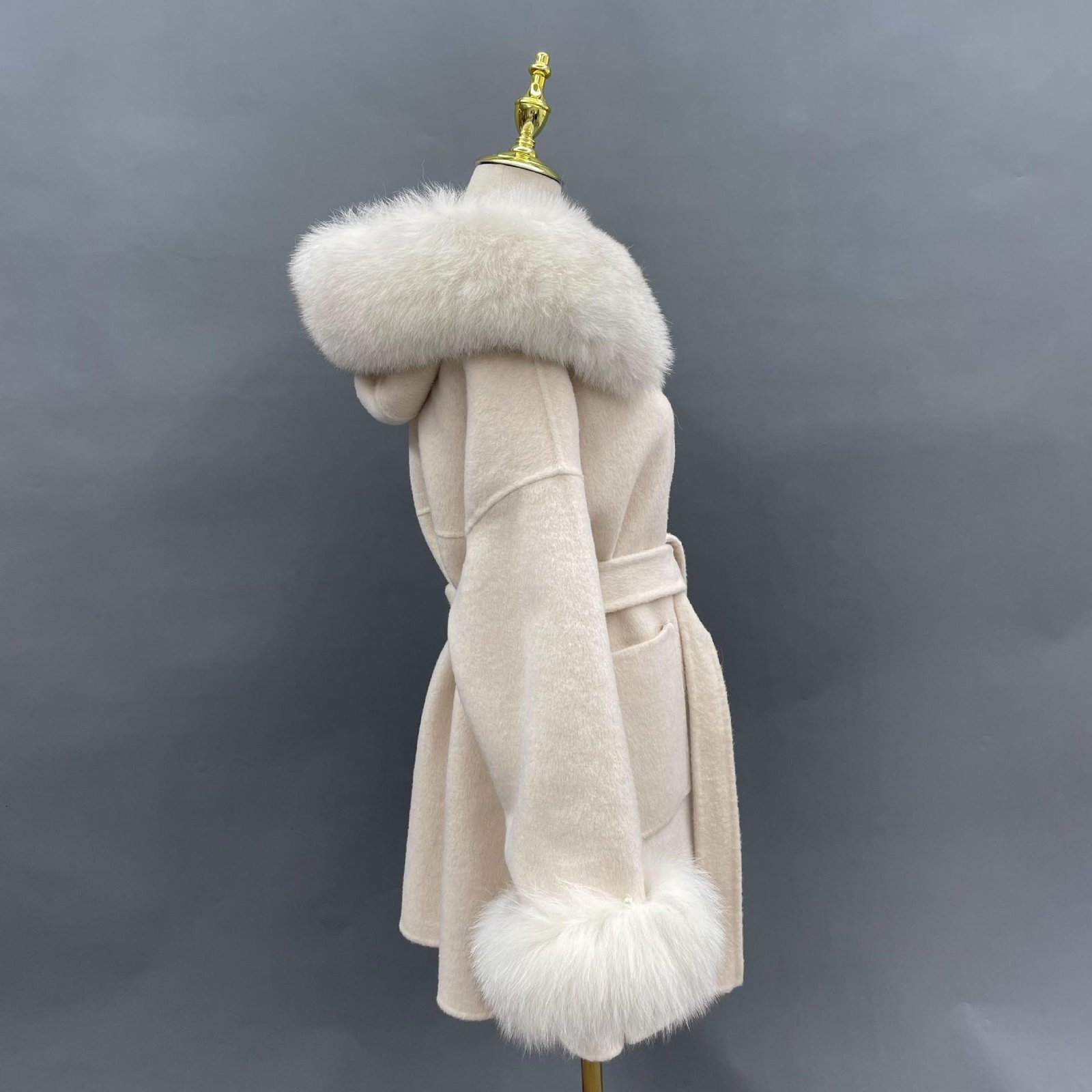 Oversized Fur Collar Hood Double-sided Woolen Coat - Image 2