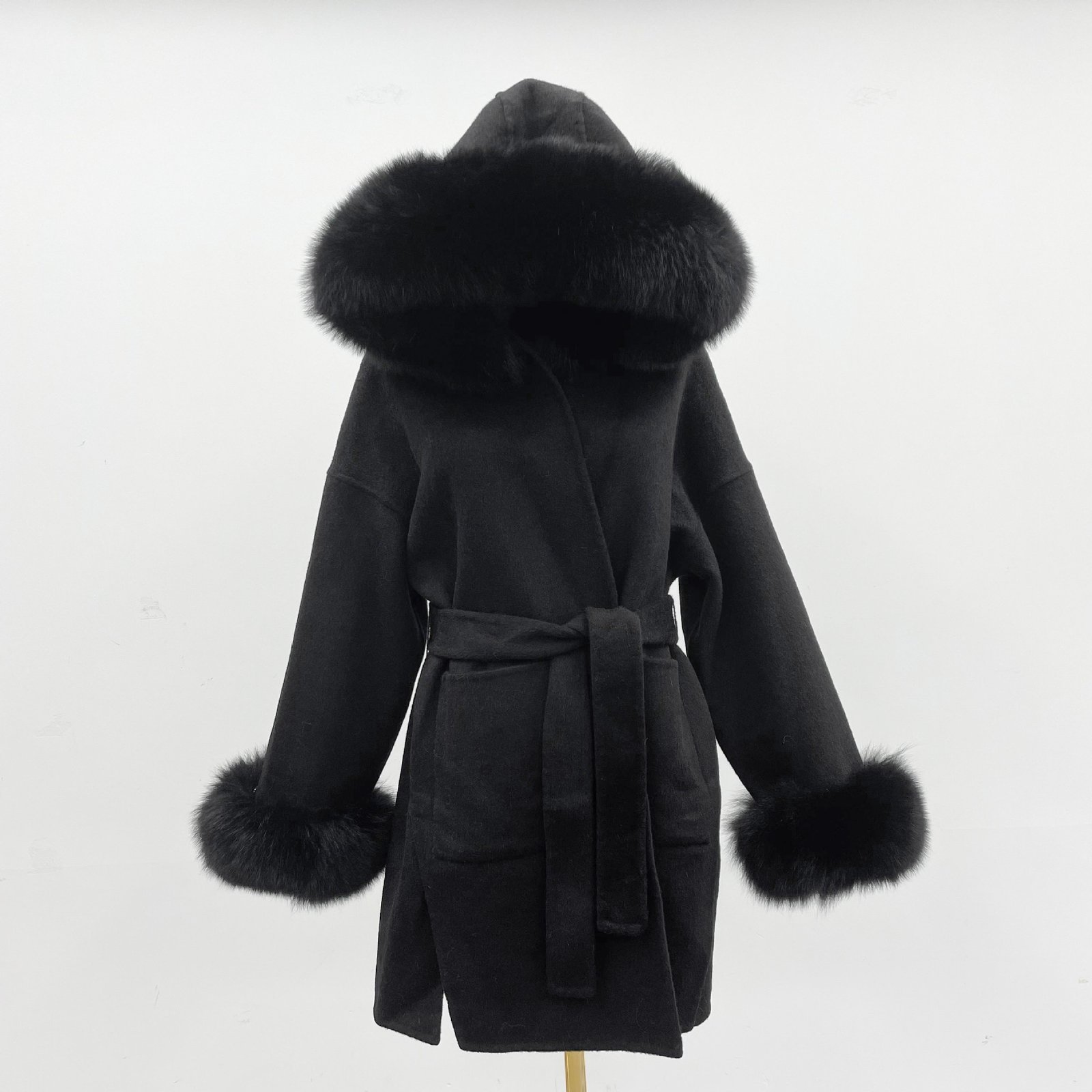 Oversized Fur Collar Hood Double-sided Woolen Coat - Image 3