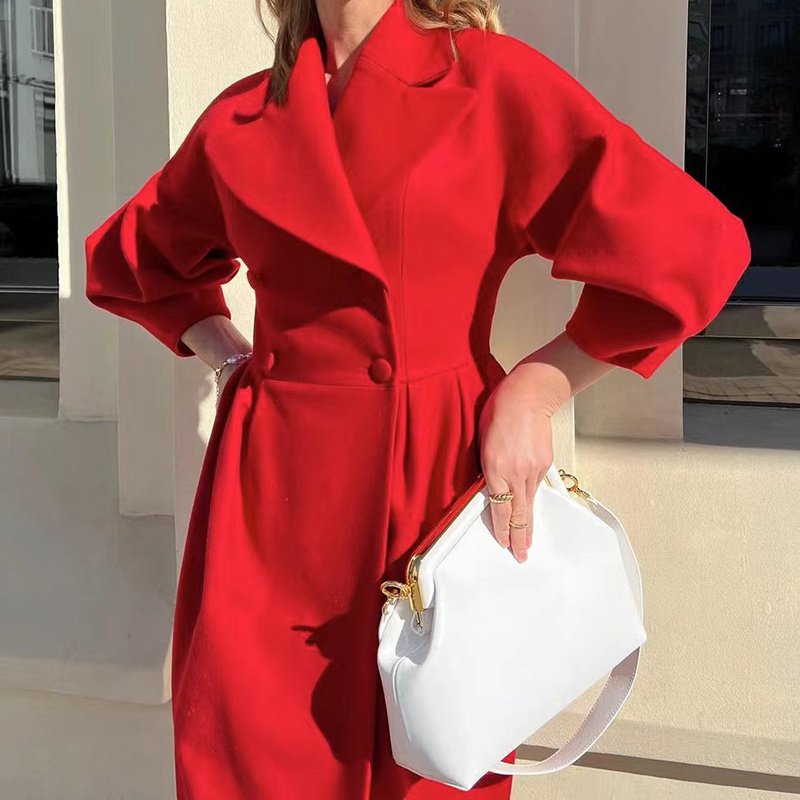 Women's Classic Winter Long Coat, Double-Breasted Belted Trench With Wide Lapel, Solid Color Oversized Overcoat For Casual Style - Image 3