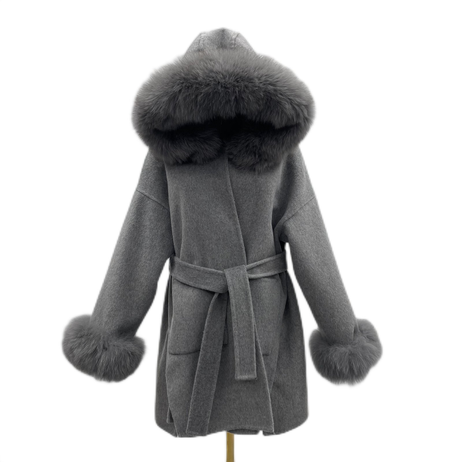 Oversized Fur Collar Hood Double-sided Woolen Coat - Image 5