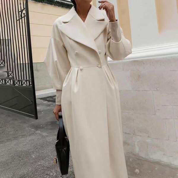 Women's Classic Winter Long Coat, Double-Breasted Belted Trench With Wide Lapel, Solid Color Oversized Overcoat For Casual Style - Image 10