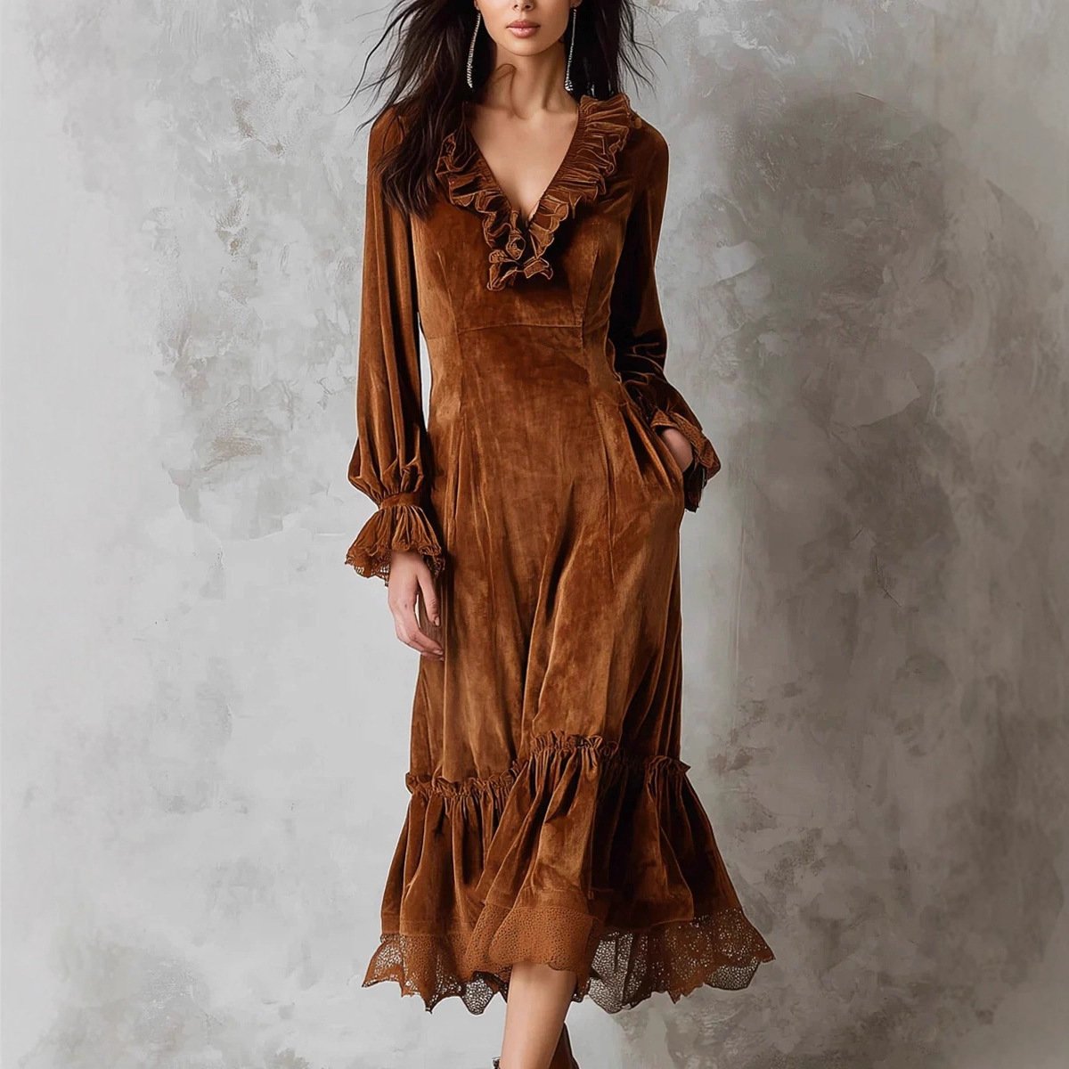 Womens Velvet Dress With Ruffled V-Neck