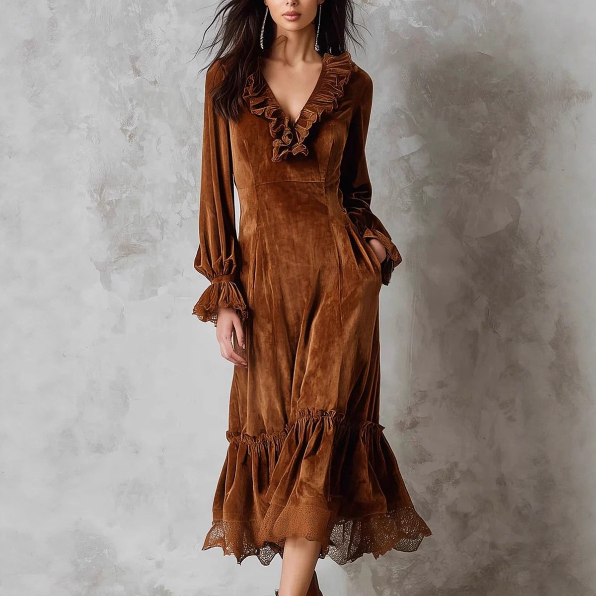 Womens Velvet Dress With Ruffled V-Neck - Image 5