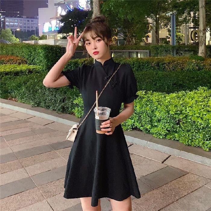 Women's Solid-Color Retro Fitted Waist Slimming French-Style Dress - Image 4