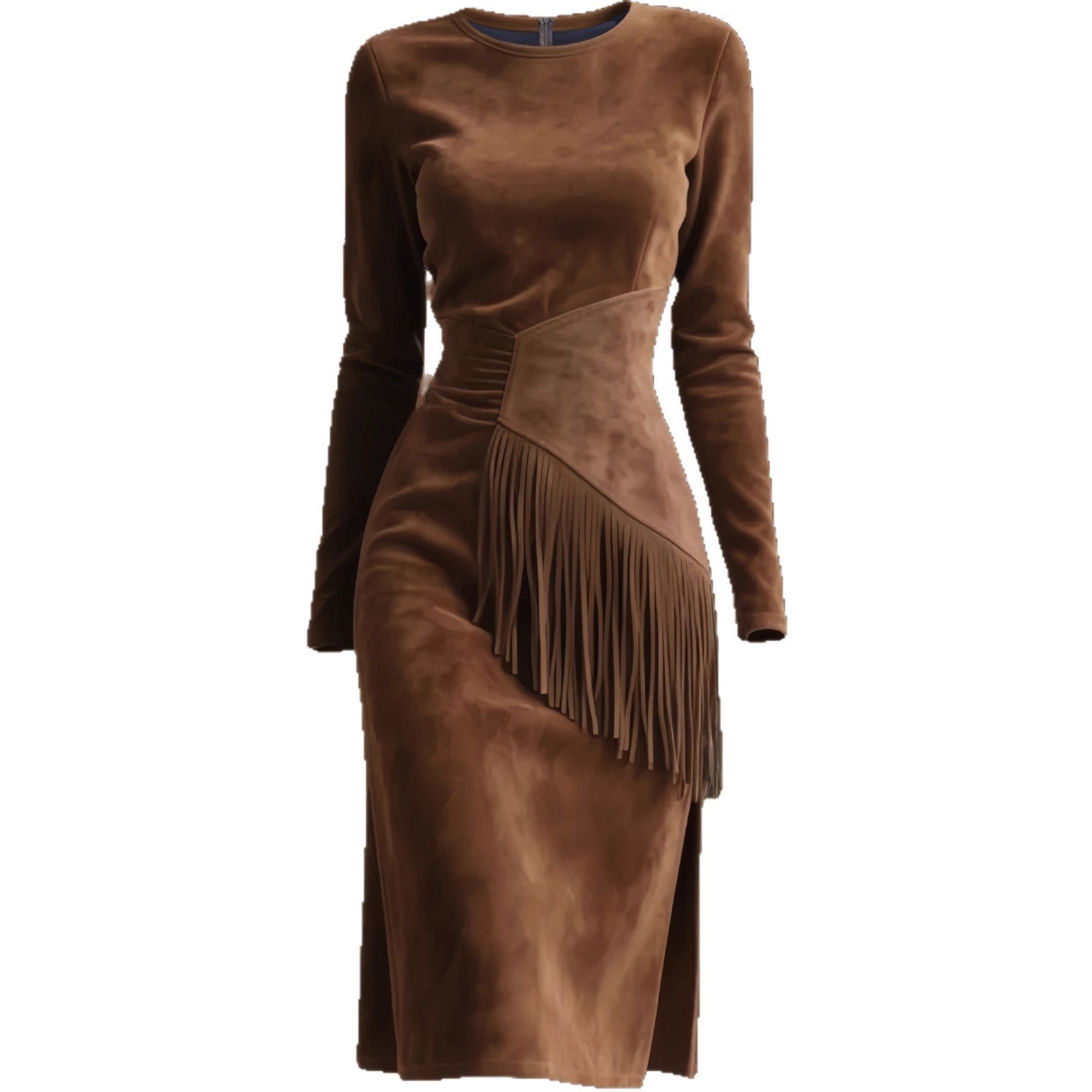 Women's Retro Western Crew-Neck Long-Sleeve Fringed Suede Velvet Dress - Image 2