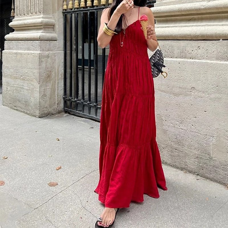 New Elegant Fashion Solid Color Casual Sling Long Dress - Image 3