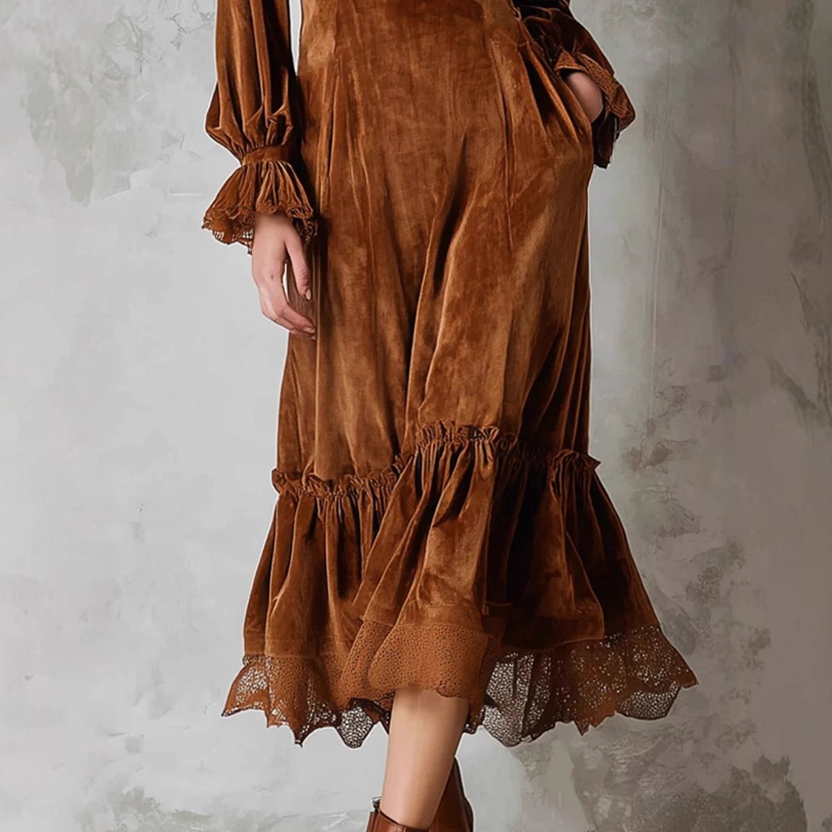 Womens Velvet Dress With Ruffled V-Neck - Image 2