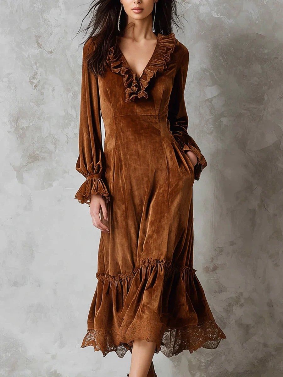 Womens Velvet Dress With Ruffled V-Neck - Image 6