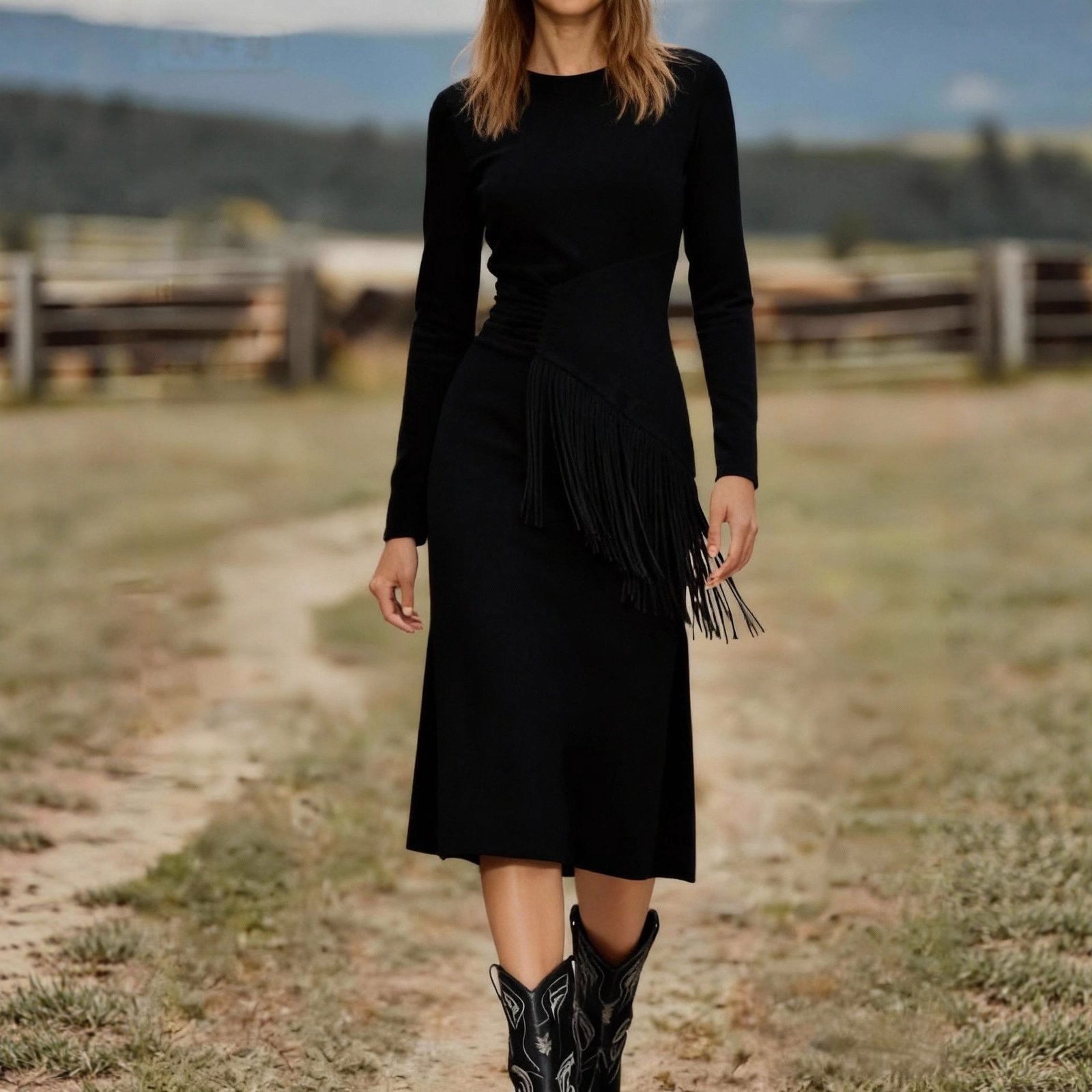 Women's Retro Western Crew-Neck Long-Sleeve Fringed Suede Velvet Dress - Image 4