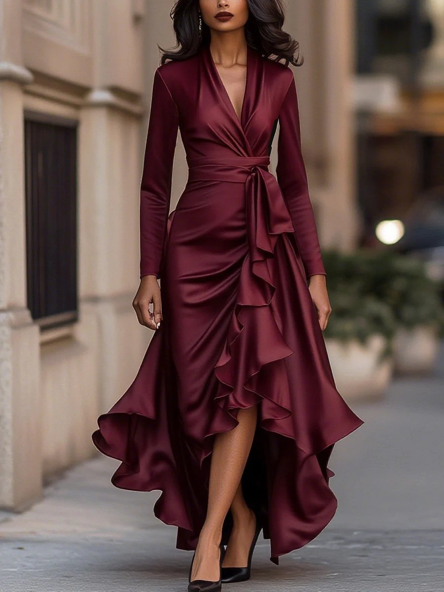 Satin V Neck Cinched Waist Dress With Ruffled Hem For An Elegant Look - Image 3
