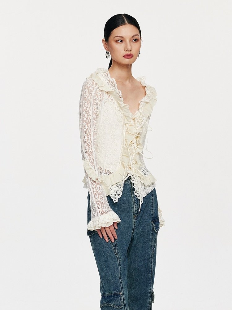 Lace Tie With Fungus Edge Long Sleeved Pullover - Image 3