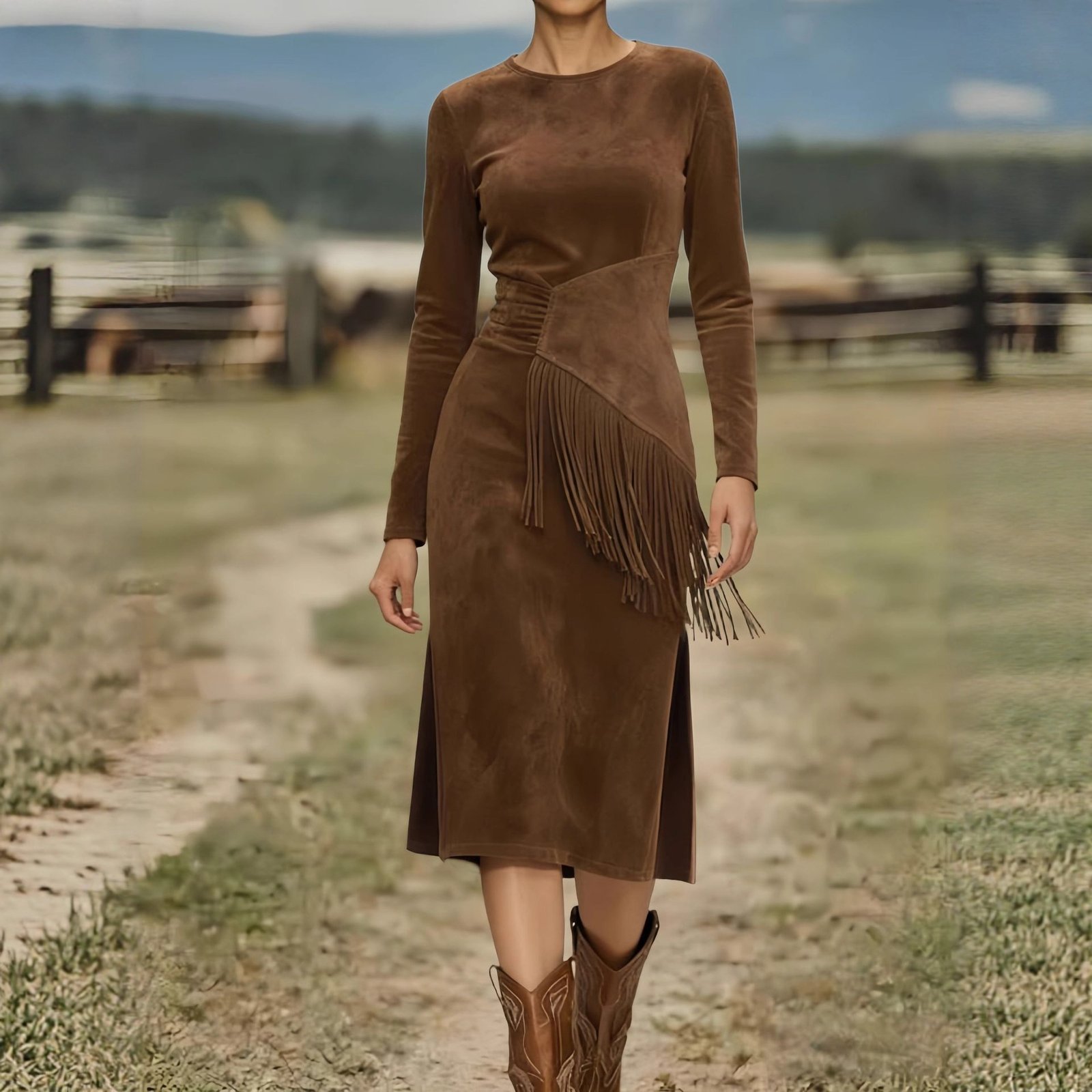 Women's Retro Western Crew-Neck Long-Sleeve Fringed Suede Velvet Dress - Image 3