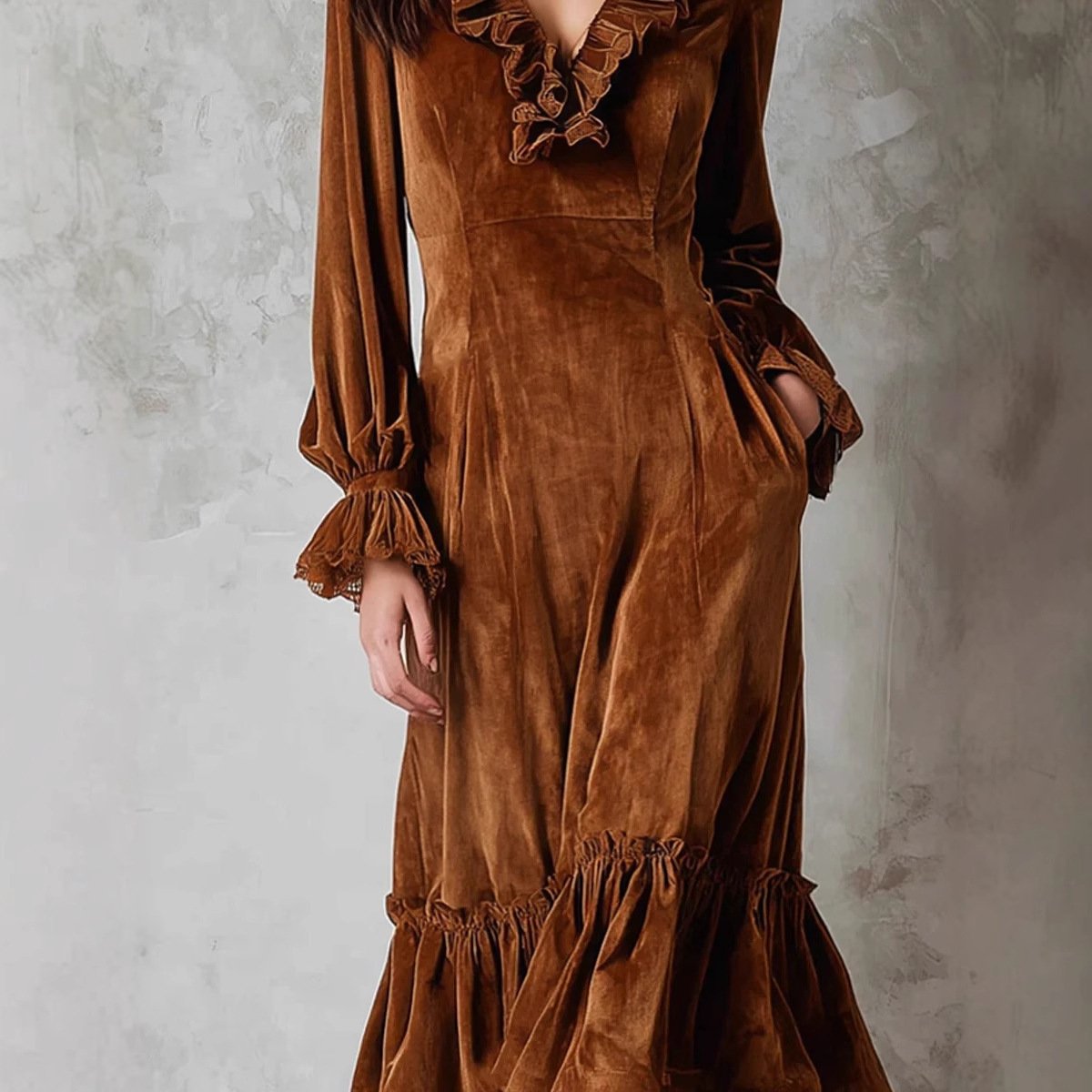 Womens Velvet Dress With Ruffled V-Neck - Image 3