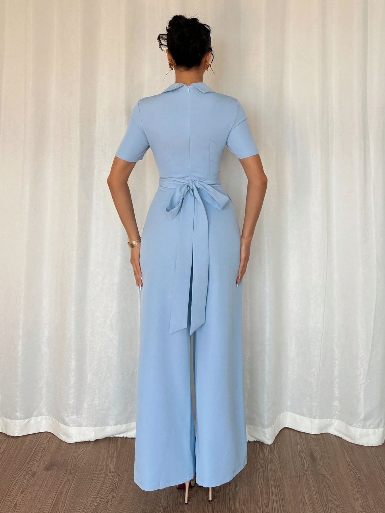 Women's Blue Off-shoulder Belted Slim-fit Jumpsuit - Image 5