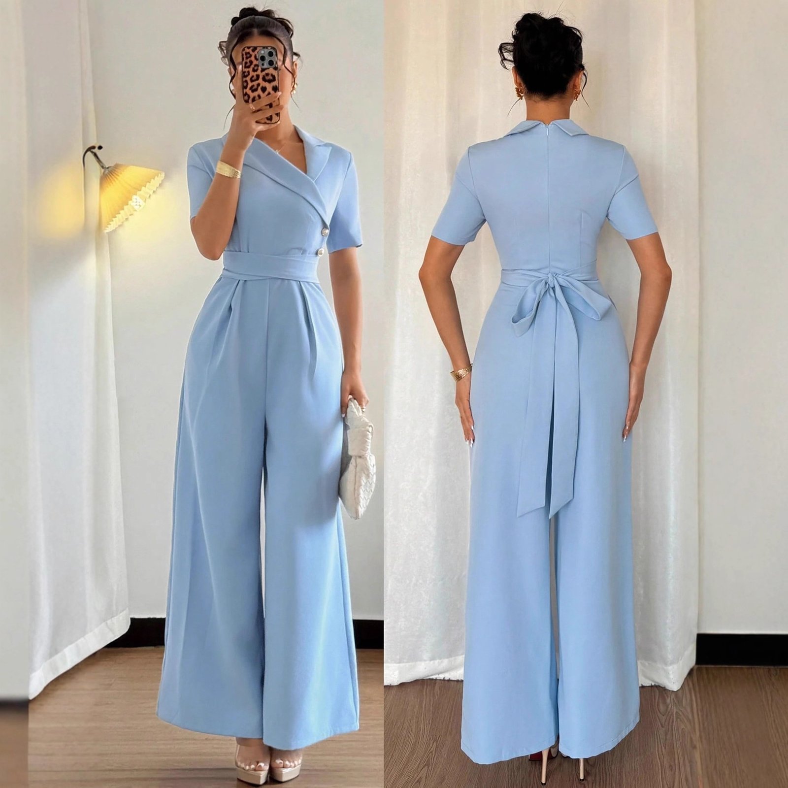 Women's Blue Off-shoulder Belted Slim-fit Jumpsuit - Image 2