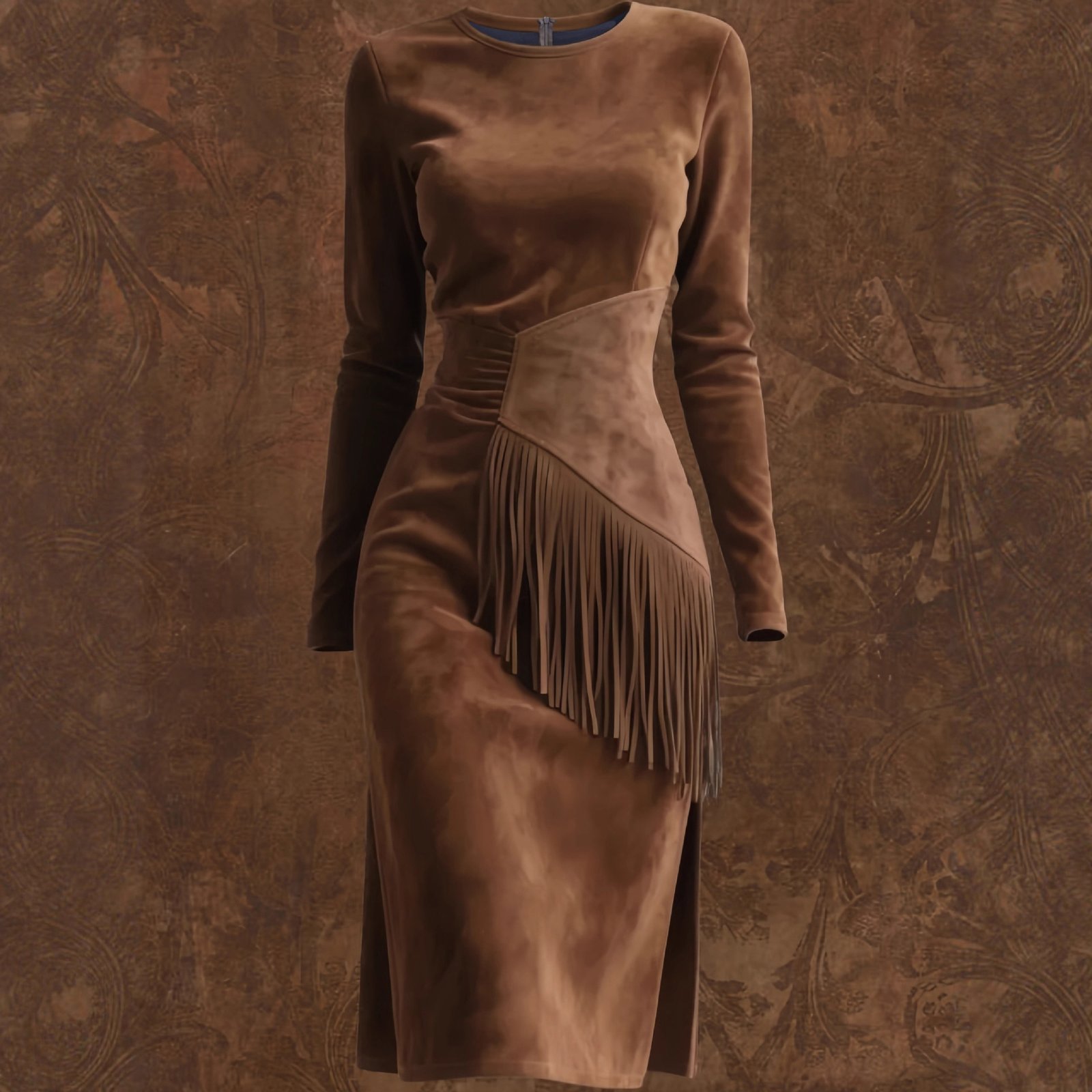 Women's Retro Western Crew-Neck Long-Sleeve Fringed Suede Velvet Dress - Image 6