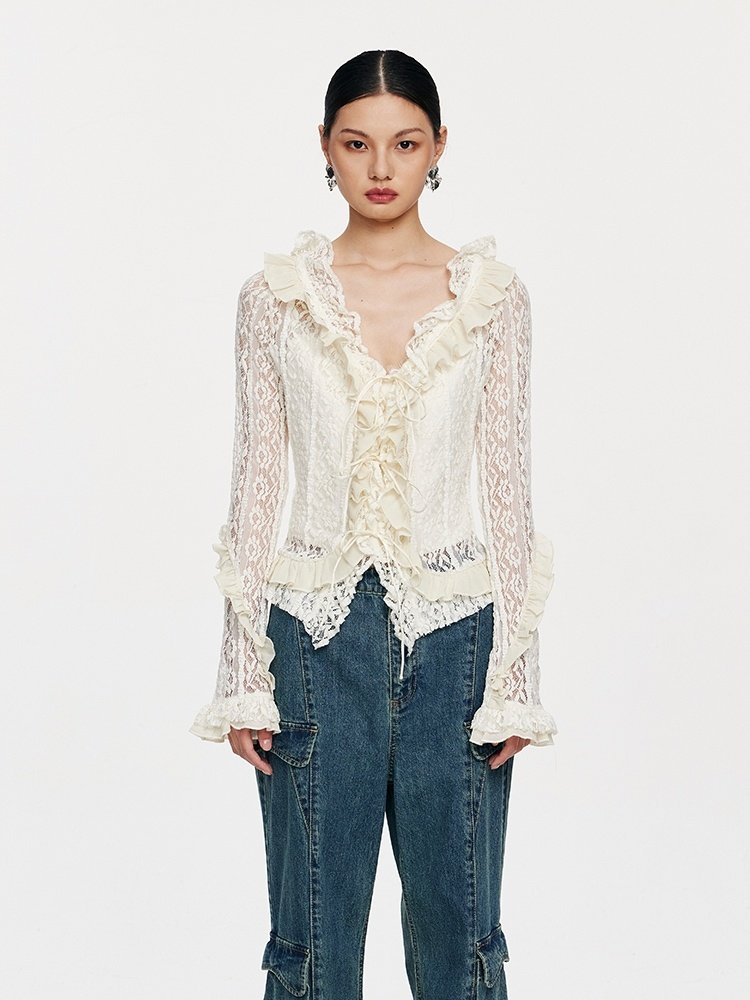 Lace Tie With Fungus Edge Long Sleeved Pullover - Image 4