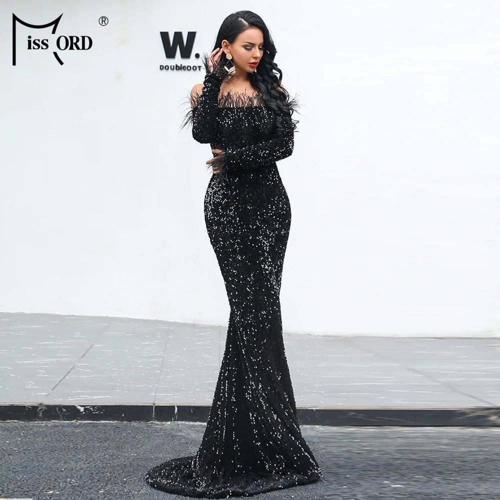 Women Sexy Off Shoulder Long Sleeve Feather Elegant Sequin Maxi Dresss - Image 2
