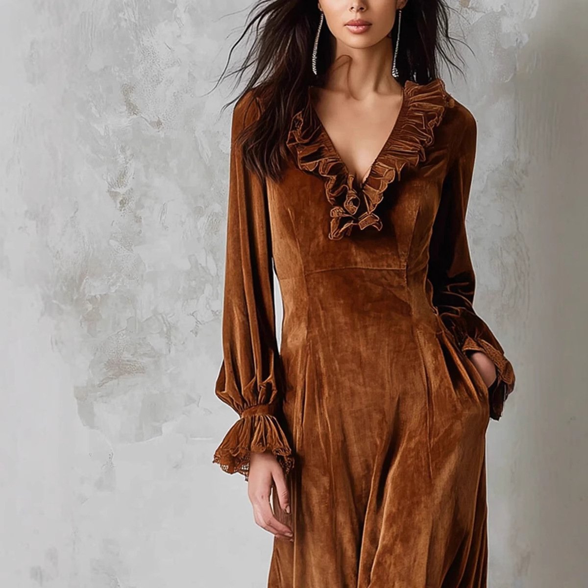 Womens Velvet Dress With Ruffled V-Neck - Image 4