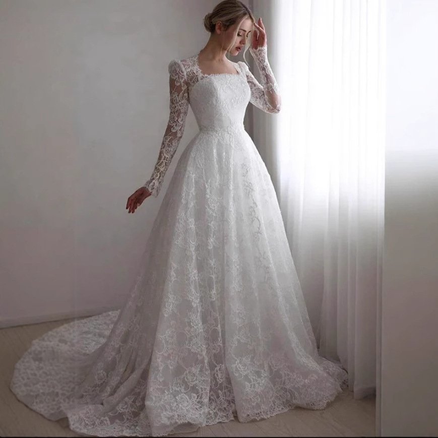 Embroidered Long Sleeve Trailing Wedding Dress - Image 4