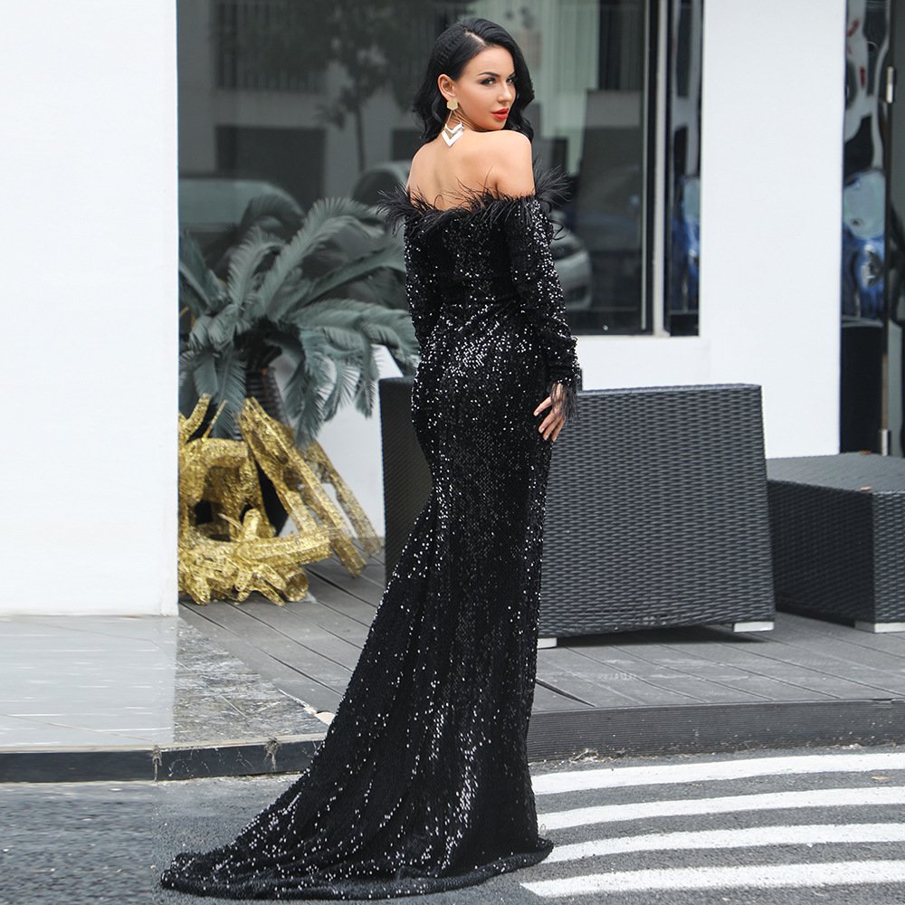 Women Sexy Off Shoulder Long Sleeve Feather Elegant Sequin Maxi Dresss - Image 3