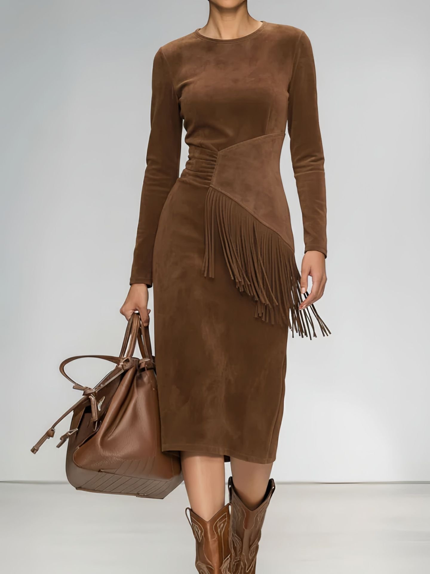 Women's Retro Western Crew-Neck Long-Sleeve Fringed Suede Velvet Dress - Image 7